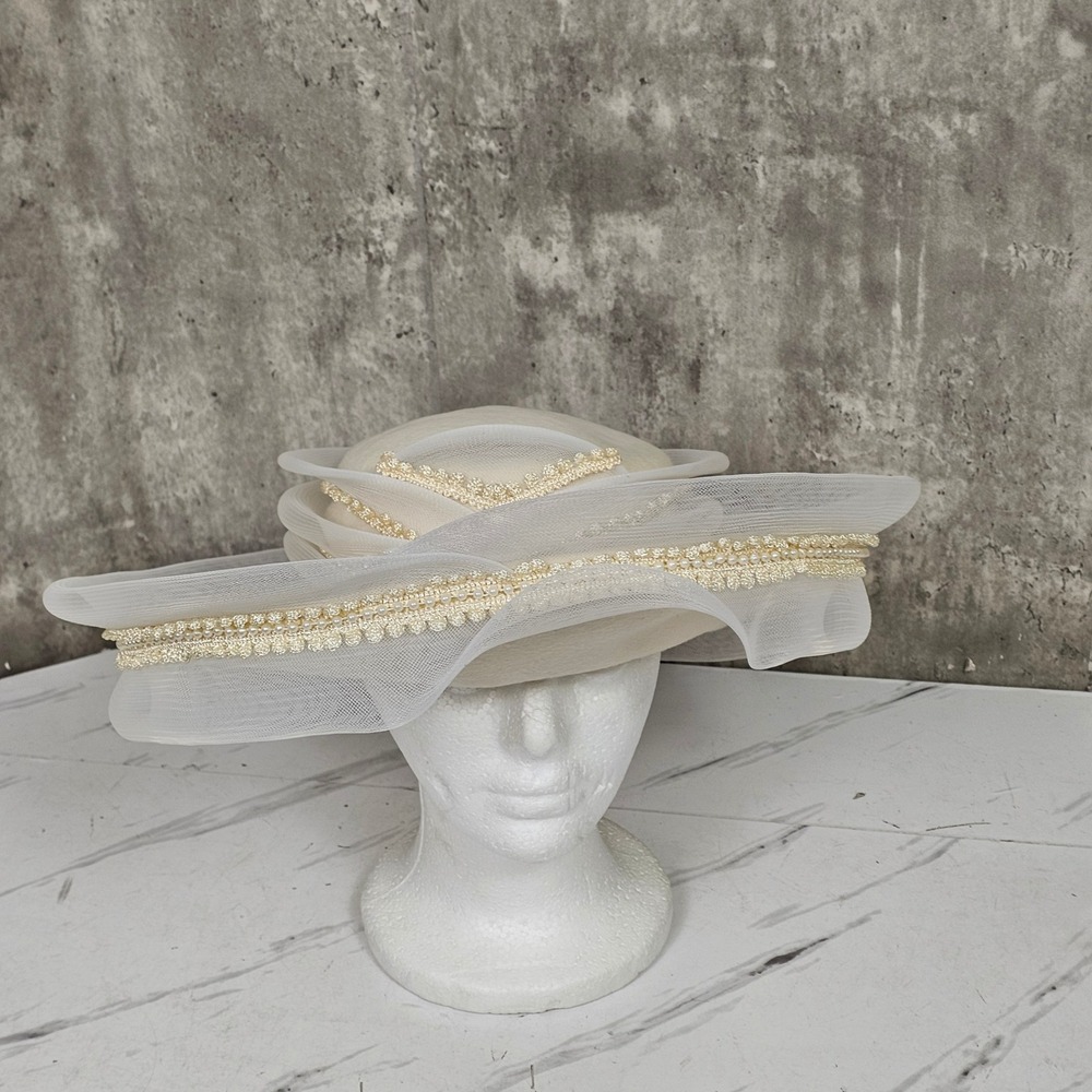 Vintage Church Hat Cream Formal Dress Hat Pearl Beaded Wedding Party‎